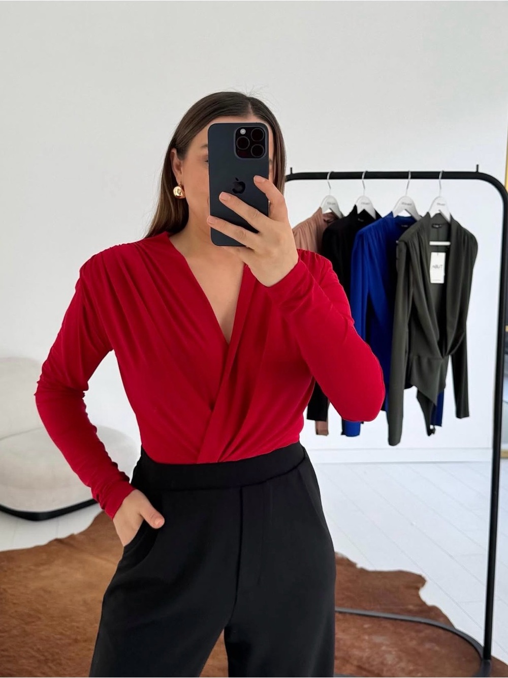 Women's Red Wrap-Front Long Sleeve Bodysuit